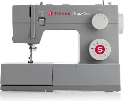 Singer Heavy Duty 4411 high-speed sewing machine in grey with stitch selection and length dials.