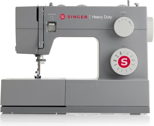 Singer Heavy Duty 4411 high-speed sewing machine in grey with stitch selection and length dials.