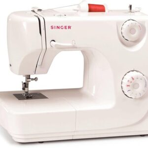 White Singer Prelude 8280 sewing machine with two stitch-selection dials and removable extension table.