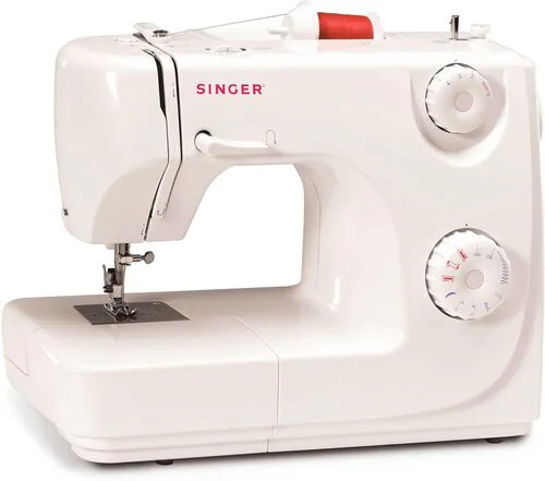 White Singer Prelude 8280 sewing machine with two stitch-selection dials and removable extension table.