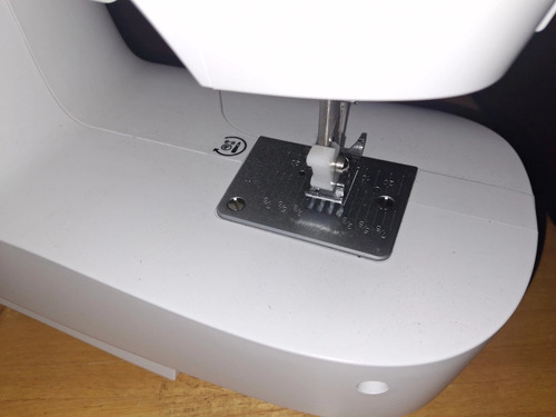 Close-up of needle area showing presser foot and needle plate for beginner sewing projects