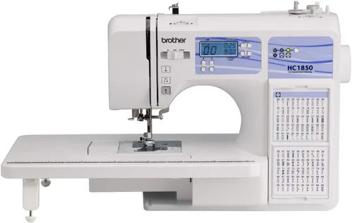 Brother HC1850 computerized sewing and quilting machine with LCD screen, stitch chart and extension table