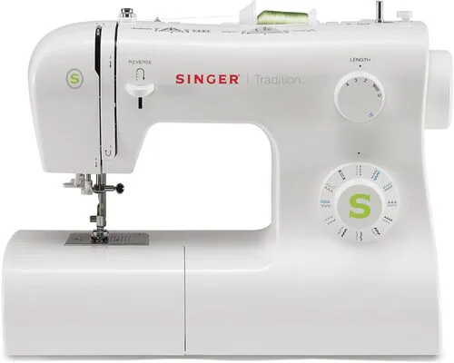Singer Tradition 2277 sewing machine with stitch selector dial and reverse lever.