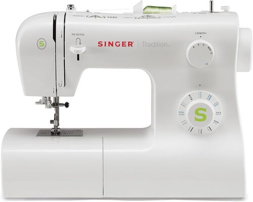 Singer Tradition 2277 sewing machine with stitch selector dial and reverse lever.