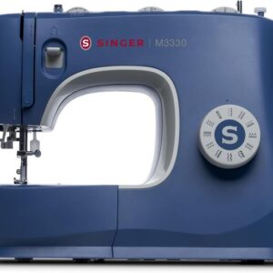 Blue Singer M3330 mechanical sewing machine with stitch selector dial and free arm