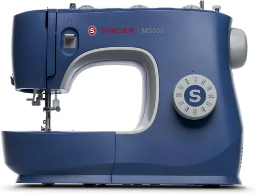 Blue Singer M3330 mechanical sewing machine with stitch selector dial and free arm