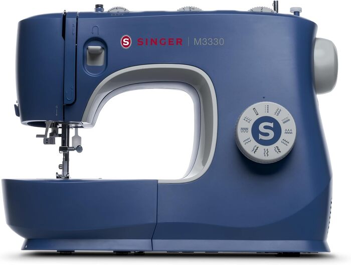 Blue Singer M3330 mechanical sewing machine with stitch selector dial and free arm