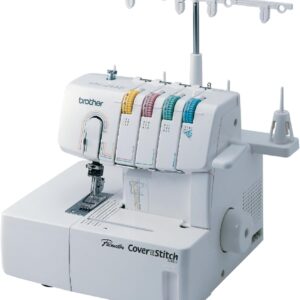 Brother 2340CV coverstitch serger with color-coded threading and thread stand