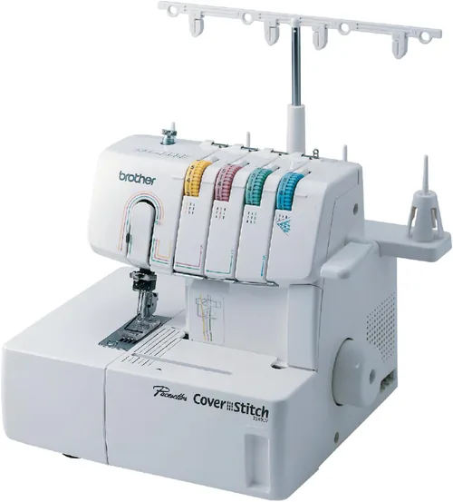 Brother 2340CV coverstitch serger with color-coded threading and thread stand