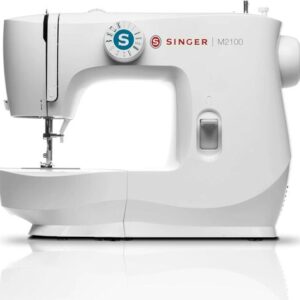Singer M2100 lightweight compact sewing machine, side view with stitch selector dial
