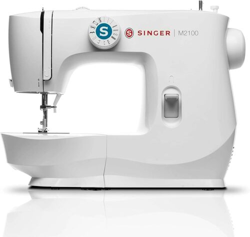 Singer M2100 lightweight compact sewing machine, side view with stitch selector dial