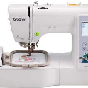 Brother PE535 embroidery machine with 4x4 hoop and LCD screen stitching a cat design