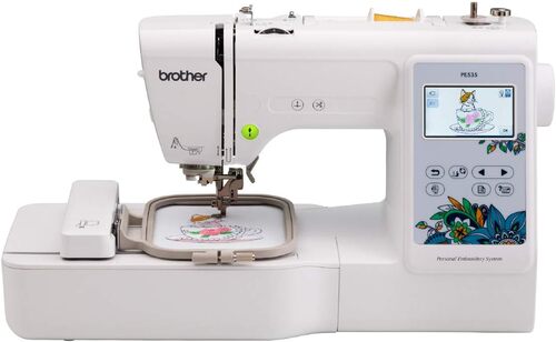 Brother PE535 embroidery machine with 4x4 hoop and LCD screen stitching a cat design
