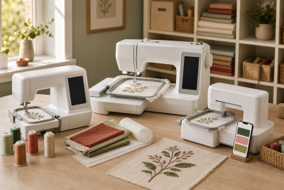 Generic home embroidery machines with 4×4 and 5×7 hoops in a sewing studio