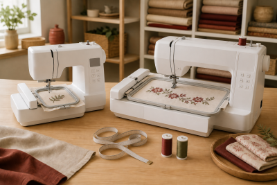 Two generic embroidery machines comparing a square hoop with a larger rectangular hoop