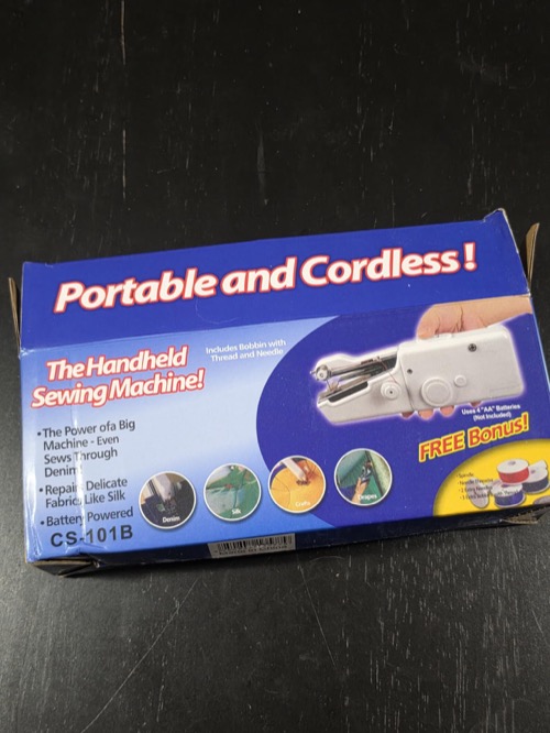 Customer photo of a handheld sewing kit laid out beside CS-101B packaging