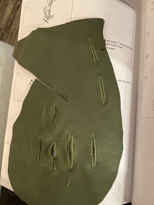 Multiple green fabric buttonhole test samples submitted by a Bernette B37 owner