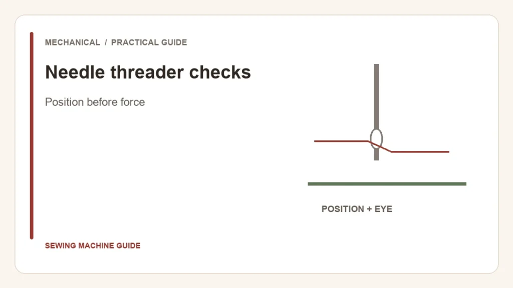 Editorial illustration: Needle threader checks. Position before force.