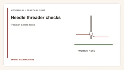 Editorial illustration: Needle threader checks. Position before force.