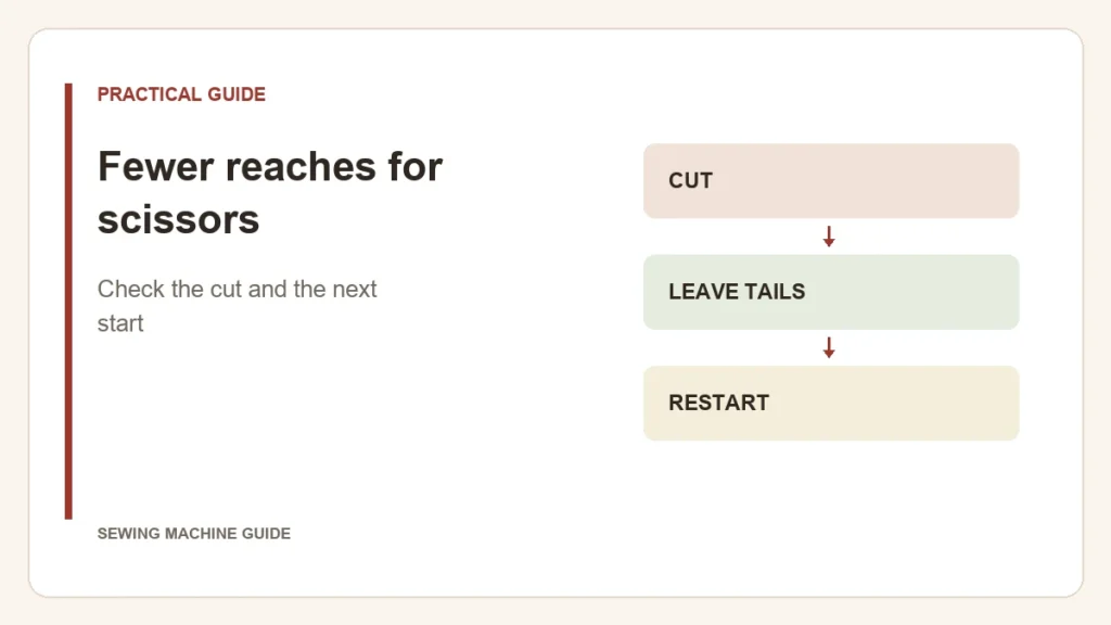 Editorial diagram: Fewer reaches for scissors. cut, leave tails, restart.