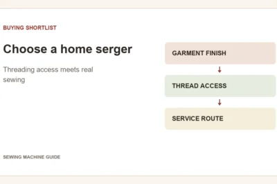 Editorial diagram: Choose a home serger. garment finish, thread access, service route.