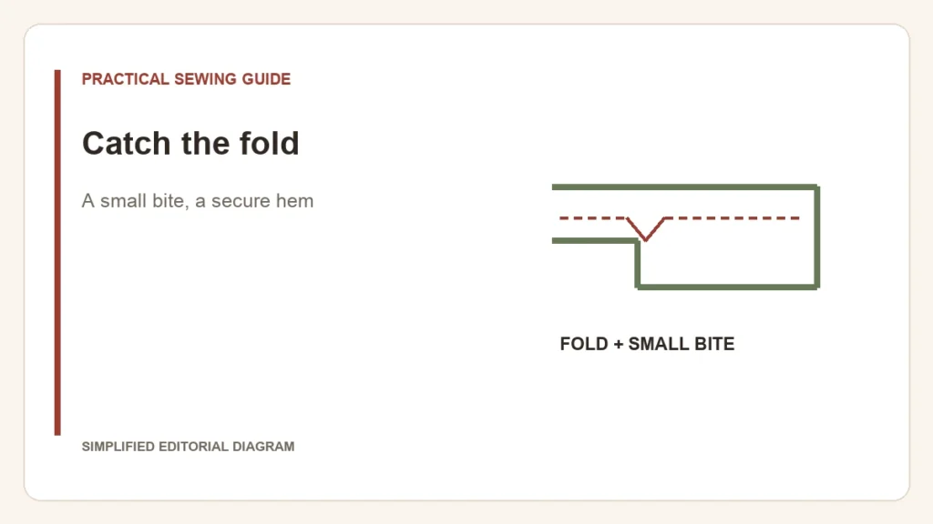 Simplified editorial diagram: Catch the fold. A small bite, a secure hem.