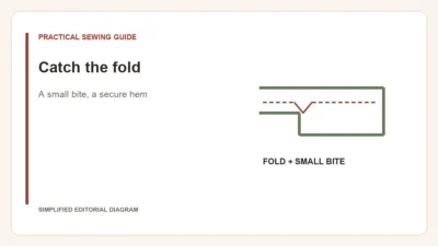Simplified editorial diagram: Catch the fold. A small bite, a secure hem.