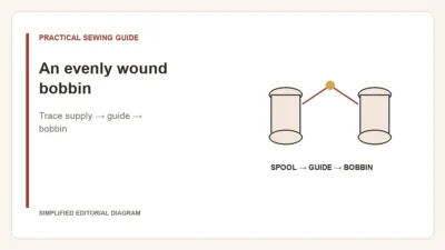 Simplified editorial diagram: An evenly wound bobbin. Trace supply → guide → bobbin.