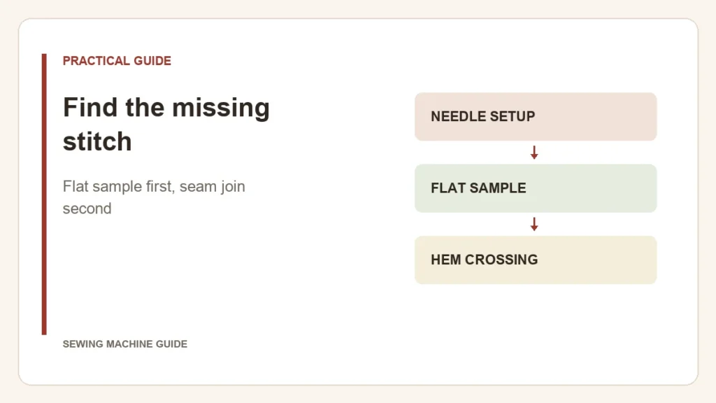 Editorial diagram: Find the missing stitch. needle setup, flat sample, hem crossing.