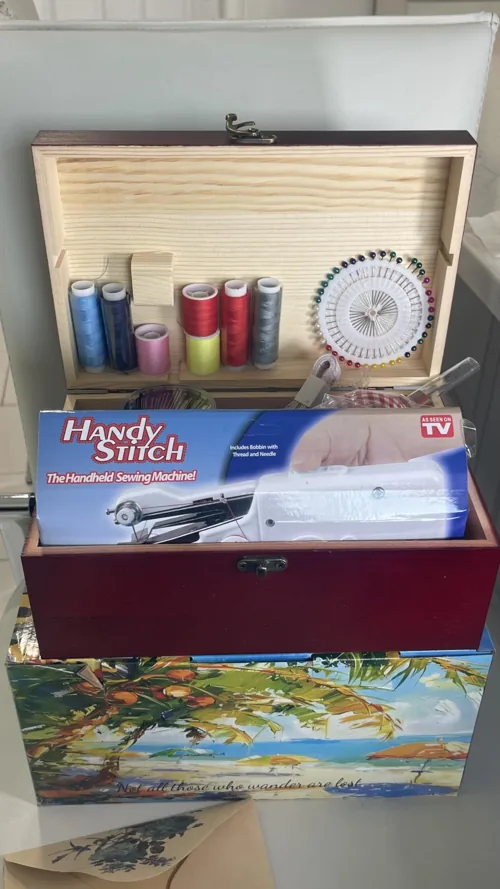 Ausarox sewing supplies in the wooden storage box