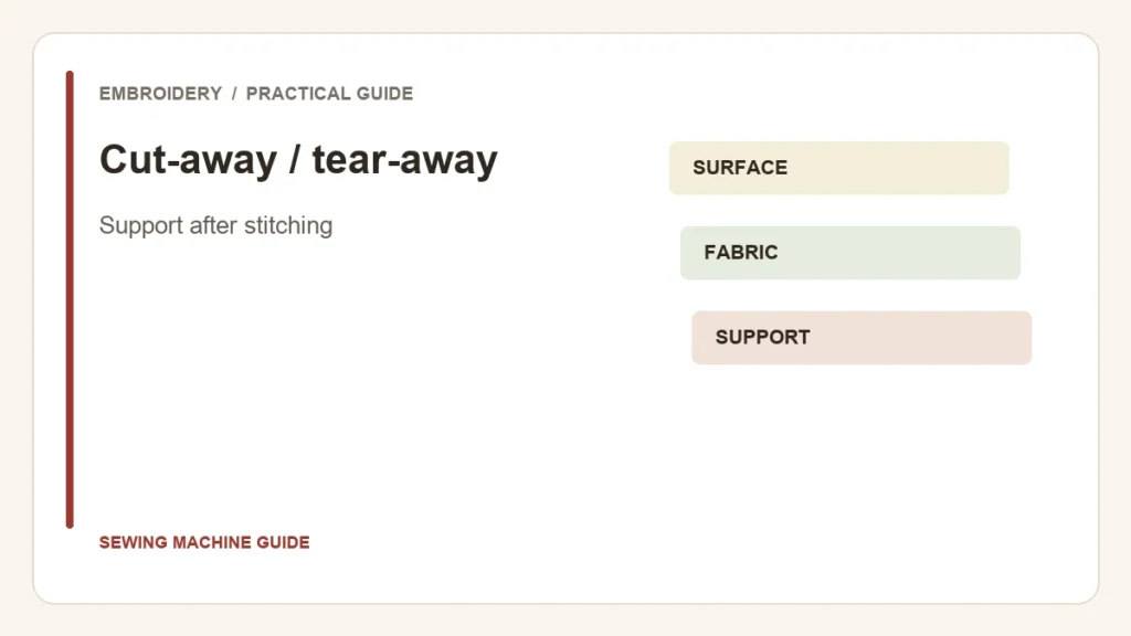 Editorial illustration: Cut-away / tear-away. Support after stitching.