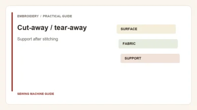 Editorial illustration: Cut-away / tear-away. Support after stitching.