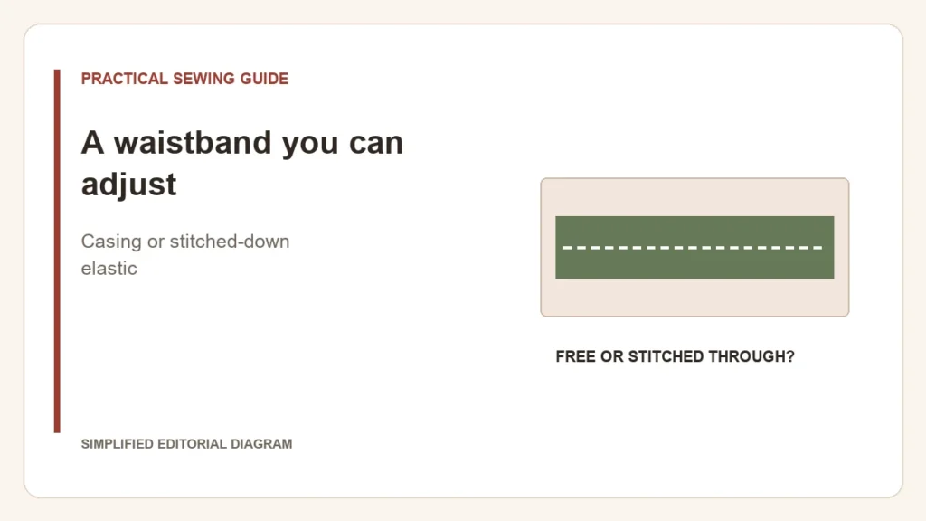 Simplified editorial diagram: A waistband you can adjust. Casing or stitched-down elastic.