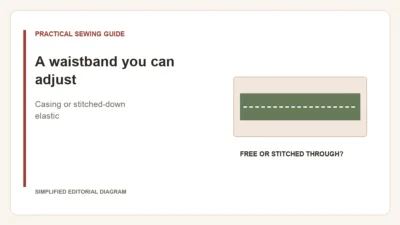 Simplified editorial diagram: A waistband you can adjust. Casing or stitched-down elastic.
