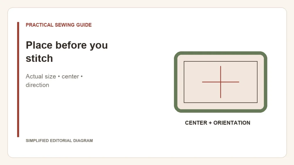 Simplified editorial diagram: Place before you stitch. Actual size • center • direction.