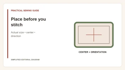 Simplified editorial diagram: Place before you stitch. Actual size • center • direction.
