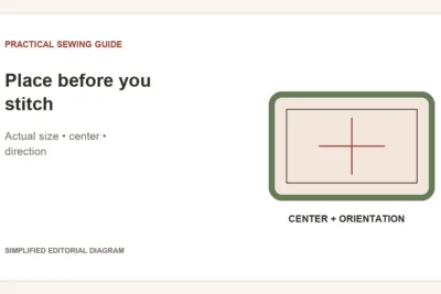 Simplified editorial diagram: Place before you stitch. Actual size • center • direction.