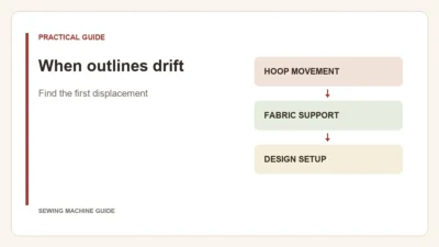 Editorial diagram: When outlines drift. hoop movement, fabric support, design setup.