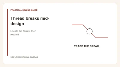 Simplified editorial diagram: Thread breaks mid-design. Locate the failure, then resume.