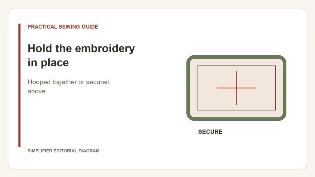 Simplified editorial diagram: Hold the embroidery in place. Hooped together or secured above.
