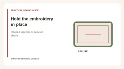 Simplified editorial diagram: Hold the embroidery in place. Hooped together or secured above.