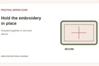 Simplified editorial diagram: Hold the embroidery in place. Hooped together or secured above.