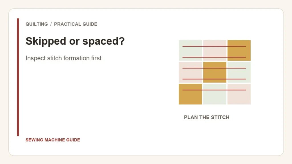 Editorial illustration: Skipped or spaced?. Inspect stitch formation first.