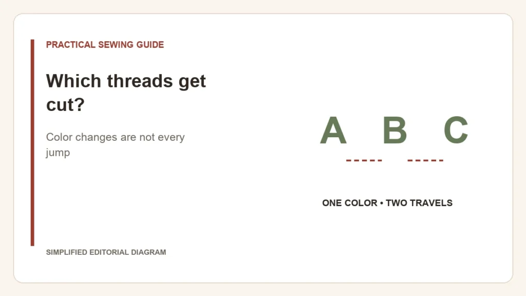 Simplified editorial diagram: Which threads get cut?. Color changes are not every jump.