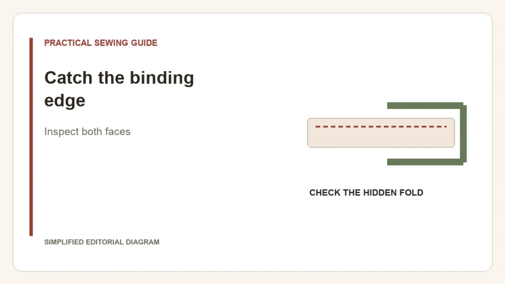 Simplified editorial diagram: Catch the binding edge. Inspect both faces.