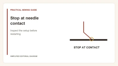 Simplified editorial diagram: Stop at needle contact. Inspect the setup before restarting.