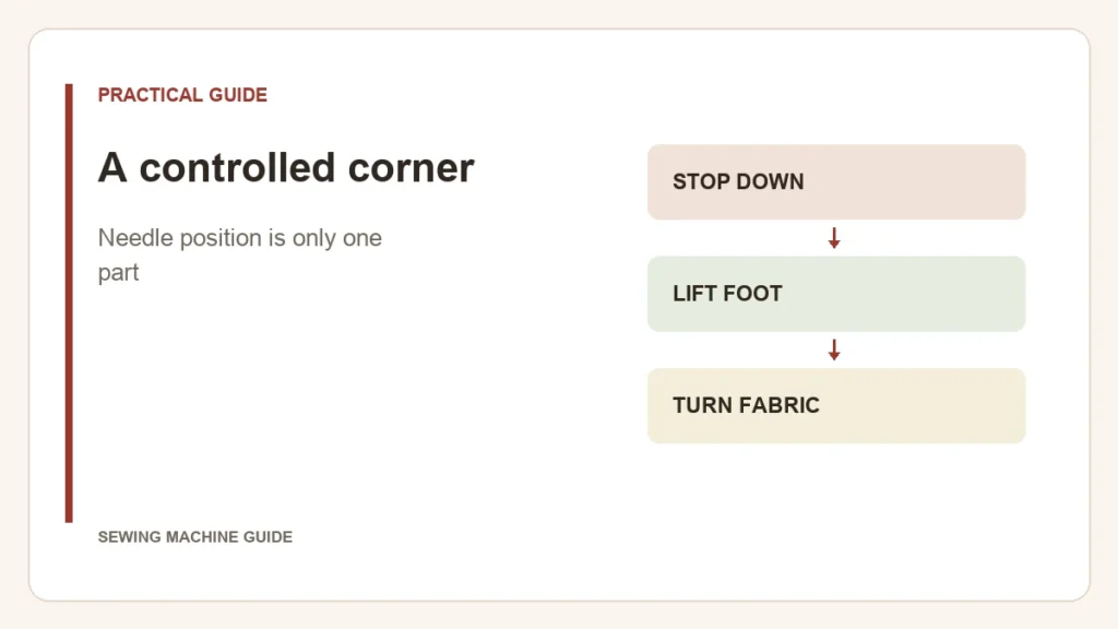 Editorial diagram: A controlled corner. stop down, lift foot, turn fabric.
