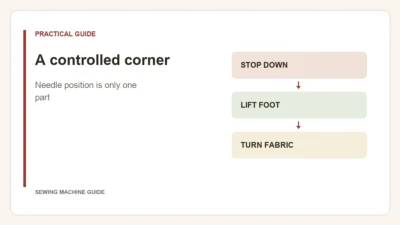 Editorial diagram: A controlled corner. stop down, lift foot, turn fabric.