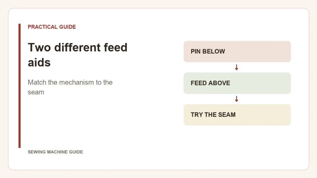 Editorial diagram: Two different feed aids. pin below, feed above, try the seam.