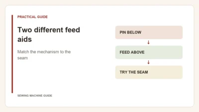 Editorial diagram: Two different feed aids. pin below, feed above, try the seam.